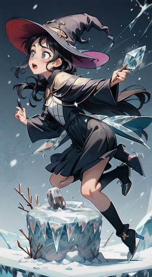 (masterpiece:1.4),(best quality:1.4),extremely_beautiful_detailed_anime_face_and_eyes,an extremely delicate and beautiful,1 girl, (long black hair:1.4), (witch:1.4),(full body:1.4), ice-flurry, snow, magic:1.4, dynamic pose:1.4, casting spell:1.4,ice_spell:1.4, view from side, open mouth:1,(casting an ice spell:1.4)