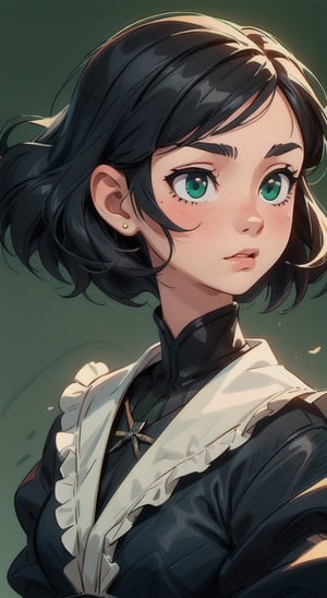 (masterpiece:1.4),(best quality:1.4),extremely_beautiful_detailed_anime_face_and_eyes,an extremely delicate and beautiful,1 girl, black hair, witcher, simple_background,green background,full_body:1.4,