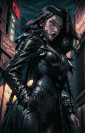 (Talking:1.5),(Hero view:1.5),1 girl, beautiful girl, long black hair:1.2, long black hair:1.2,purple eyes, black leather pants, black leather corset, (large black leather trench coat:1.2), big breasts, solo,(masterpiece:1.4),(best quality:1.4),red lips,parted lips, new york city, new york night:1.5,street,night:1.5,vampire:1.2,extremely_beautiful_detailed_anime_face_and_eyes,an extremely delicate and beautiful,Watercolor, Ink, epic, candystyle, ,style,castlevania style