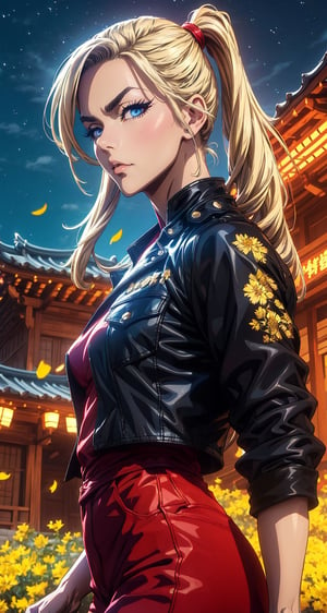 (Masterpiece, Best Quality:1.3), absurdres,(Ultra-detailed portrait), 2d, Traditional Media, NinjaScroll, official art, centered, wide shot, 1 girl, blonde hair, two pigtails, blue eyes,red leather jacket, white t-shirt, jeans, black boots, solo,(looking at viewer), detailed eyes, close up:0.2, (full angle view), relaxed pose, perfect face, eye contact, focus face, lips:0.5, standing, dynamic, beautiful, cinematic, sharp focus, (Details:1.2), (depth of field), ((wind blowing)), yellow petals, scenery, fireflies:0.1, night sky, nature, (night, dark:1.3), [electricity],highly detailed, film grain:0.6, (shiny), intricate design, 85mm, east asian architecture, east asian architecture, building, ((volumetric lighting)), high contrast:0.3, glowing:0.7, 90's anime style, extremely detailed background, (sharp focus), thick lineart, ,retro artstyle,traditional media,ninjascroll,trgirl,