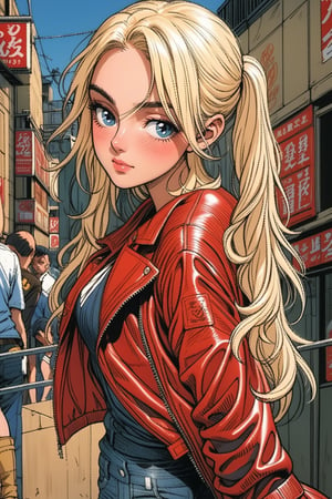 ((1 female))l, full body, blonde hair, ( two long pigtails:1.4), blue eyes, white t-shirt, jeans, black boots,(red leather jacket:1.4),beautiful girl with attention to detail, beautiful delicate eyes, detailed face, beautiful eyes,Beautiful Pose, Natural Light, ((Real) ) Quality: 1.2 )), Cinematic Lighting, Perfect Composition, Super Detail, Official Art, Masterpiece, (Best Quality: 1.3), Reflection, High Resolution CG Unity 8K Wallpaper, Detailed Background, Masterpiece, (Photorealistic): 1.2), Random Angle, Side Angle, ,anime,Retro,ink