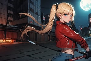 1 girl, blonde hair, two pigtails, blue eyes,red leather jacket, white t-shirt, jeans, black boots, solo, (medium_shot:1.4),(masterpiece:1.4(bestquality:1.4),(extremely_beautiful_detailed_anime_face_and_eyes:1.4),an extremely delicate and beautiful,Watercolor, Ink, epic, street tokyo cyberpunk night,katana,