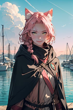 1 girl,pink hair:1.2, yellow eyes:1.2, (pink cat ears:1.2), black leather boots, black leather gloves, smiling,braids,make up, (green scouts cloak:1.2), (standing), (upper body in frame), simple background, endless ocean, pink cloudy sky, dawn, 1910s harbor, only1 image, perfect anatomy, perfect proportions, perfect perspective, 8k, HQ, 