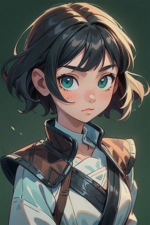 (masterpiece:1.4),(best quality:1.4),extremely_beautiful_detailed_anime_face_and_eyes,an extremely delicate and beautiful,1 girl, black hair, witcher, simple_background,green background,full_body,