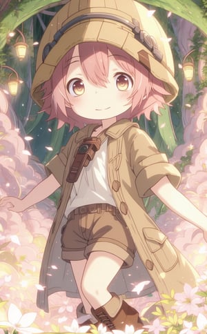 ultra-detailed, illustration, cinematic composition, abyss style, grass, white flower, moss,MadeintheAbyss, 1girl, (short pink hair:1.4), brown coat, short sleeves, brown overcoat, (brown shorts:1.4),(explorer helmet:1),(explorer boots:1.4),(yellow eyes:1.4), looking at viewer, solo, (upper body:1.4),(masterpiece:1.4),(best quality:1.4),red lips,parted lips,smile, walking in the deep forest,firefliesfireflies,portrait,illustration,best quality,BrgEy