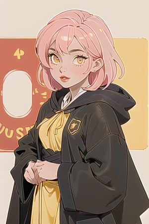 1girl, short pink hair,hufflepuff House Cloak, inner cloak yellow, outer cloack black,yellow eyes, looking at viewer, solo, upper body,(masterpiece:1.4),(best quality:1.4),red lips,parted lips