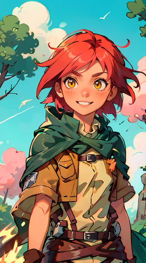 (1 girl), (short pink hair:1.2), (yellow eyes:1.2), black leather boots, black leather gloves, smiling,braids,make up, (green scouts cloak:1.2), (standing), (upper body in frame), simple background, forest, white cloudy sky, dawn, only1 image, perfect anatomy, perfect proportions, perfect perspective, 8k, HQ, ((AttackonTitan, survey military uniform)),style,aot style,background,Eda Clawthorne
