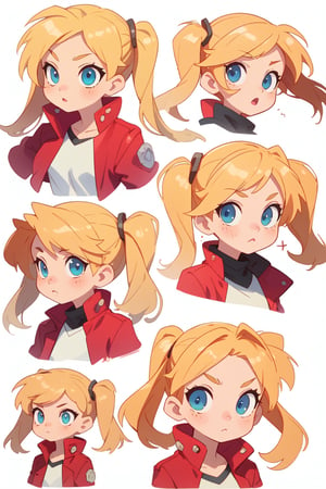 1 girl, blonde hair, (two long pigtails:1.4), blue eyes,red leather jacket, white t-shirt,solo,(masterpiece:1.4(bestquality:1.4),(surprise:1.4)(extremely_beautiful_detailed_anime_face_and_eyes:1.4),an extremely delicate and beautiful,Watercolor, Ink, epic,multiple views, upper body, reference sheet:1,CharacterSheet, white background, different expresions,multiple girls,character sheet, character design, reference sheet, multiple views, turnaround,Chibi