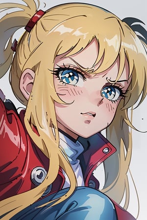 1 girl, blonde hair, two pigtails, blue eyes,red leather jacket, white t-shirt, jeans, black boots, solo, (face:1.4),(masterpiece:1.4(bestquality:1.4),(extremely_beautiful_detailed_anime_face_and_eyes:1.4),an extremely delicate and beautiful,Watercolor, Ink, epic, angry, simple background, white_background, 