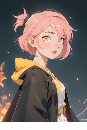 1girl, short pink hair,hufflepuff House Cloak, inner cloak yellow, outer cloack black,yellow eyes, looking at viewer, solo, upper body,(masterpiece:1.4),(best quality:1.4),red lips,parted lips, hogwarts castle,dramatic shadows,extremely_beautiful_detailed_anime_face_and_eyes,an extremely delicate and beautiful,dynamic angle, cinematic camera, dynamic pose,depth of field,chromatic aberration,backlighting,glow_yellow_particle,fire particles,