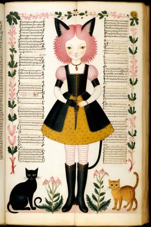 Voynich manuscript illustrating pink hair:1.2, yellow eyes:1.2, (pink cat ears:1.2), black leather boots, black leather gloves, smiling,braids,