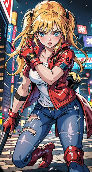 1 girl, blonde hair, two pigtails, blue eyes,red leather jacket, white t-shirt, jeans, black boots, solo, (medium_shot:1.4),(masterpiece:1.4(bestquality:1.4),(extremely_beautiful_detailed_anime_face_and_eyes:1.4),an extremely delicate and beautiful,Watercolor, Ink, epic, tokyo cyberpunk night,