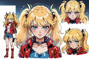 1 girl, blonde hair, two pigtails, blue eyes,red leather jacket, white t-shirt, jeans, black boots, solo, (medium_shot:1.4),(masterpiece:1.4(bestquality:1.4),(extremely_beautiful_detailed_anime_face_and_eyes:1.4),an extremely delicate and beautiful,Watercolor, Ink, epic,multiple views, full body, upper body, reference sheet:1,CharacterSheet, white background, different expresions,