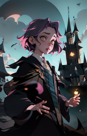 1girl, short pink hair,(hufflepuff House Cloak),( inner cloak yellow:1), (outer cloack black:1),yellow eyes, looking at viewer, solo, upper body,(masterpiece:1.4),(best quality:1.4),red lips,parted lips, exterior forest and mountains, castle,hogwarts castle:1,dramatic shadows,extremely_beautiful_detailed_anime_face_and_eyes,an extremely delicate and beautiful,dynamic angle, cinematic camera, dynamic pose,depth of field,chromatic aberration,anime