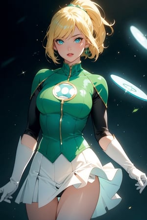 full body:1.5,1girl, (short blondie hair:1),(high ponytail:1),blue eyes,uniform_green lantern_DCcomics:1,hal jordan, white bodysuit,((tight green skirt)), white gloves,slim waist, looking at viewer, solo, upper body,(masterpiece:1.4),(best quality:1.4),red lips,parted lips,dramatic shadows,extremely_beautiful_detailed_anime_face_and_eyes,an extremely delicate and beautiful,dynamic angle, cinematic camera, dynamic pose,depth of field,chromatic aberration,backlighting,Watercolor, Ink, epic, candystyle,chibi style,cute,happy,vibrant,colorful,nature,pop,