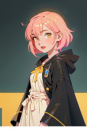 1girl, short pink hair,hufflepuff House Cloak, inner cloak yellow, outer cloack black,yellow eyes, looking at viewer, solo, upper body,(masterpiece:1.4),(best quality:1.4),red lips,parted lips