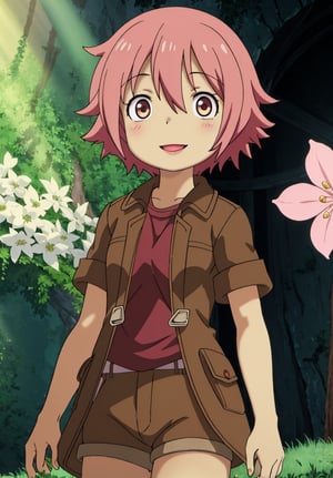 ultra-detailed, illustration, cinematic composition, abyss style, grass, white flower, moss,MadeintheAbyss, 1girl, (short pink hair:1.4), brown coat, short sleeves, brown overcoat, (brown shorts:1.4),yellow eyes, looking at viewer, solo, upper body,(masterpiece:1.4),(best quality:1.4),red lips,parted lips,smile, walking in the deep forest,