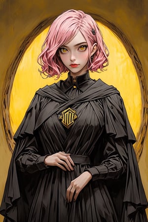 1girl, short pink hair,hufflepuff House Cloak, inner cloak yellow, outer cloack black,yellow eyes, looking at viewer, solo, upper body,(masterpiece:1.4),(best quality:1.4),red lips,parted lips,anime