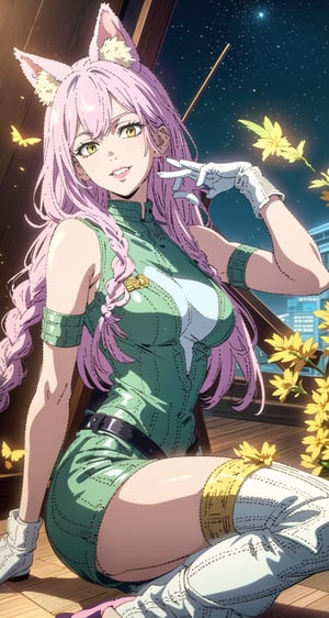 (Masterpiece, Best Quality:1.3), absurdres,(Ultra-detailed portrait), 2d, Traditional Media, NinjaScroll, official art, centered, wide shot, Portrait of the beautiful Lopadex, athletic, green lantern dress:1.2, pink hair:1.2, yellow eyes:1.2, pink cat ears:1.2, white leather boots, white leather gloves, smiling,braids,make up,, solo,(looking at viewer), detailed eyes, close up:0.2, (full angle view), relaxed pose, perfect face, eye contact, focus face, lips:0.5, standing, dynamic, beautiful, cinematic, sharp focus, (Details:1.2), (depth of field), ((wind blowing)), yellow petals, scenery, fireflies:0.1, night sky, nature, (night, dark:1.3), [electricity],highly detailed, film grain:0.6, (shiny), intricate design, 85mm, east asian architecture, east asian architecture, building, ((volumetric lighting)), high contrast:0.3, glowing:0.7, 90's anime style, extremely detailed background, (sharp focus), thick lineart, ,retro artstyle,traditional media,ninjascroll,trgirl,AgoonGirl