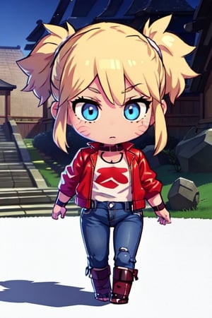 1 girl, blonde hair, two pigtails, blue eyes,red leather jacket, white t-shirt, jeans, black boots, solo, (medium_shot:1.4),(masterpiece:1.4(bestquality:1.4),extremely_beautiful_detailed_anime_face_and_eyes,an extremely delicate and beautiful,super_deformed,nas,ninja