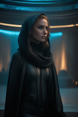 sci-fi style ethereal fantasy concept art of  stylized by Jakub Różalski, photograph, (dune, movie, director denis villeneuve, cinematic, science fiction, futuristic, sci-fi epic, lady jessica, 1 women, blondie hair, eyes blue, bene gesserit, black silk cloak fabric lace, dark at night, futuristic concrete interior:1.1) , Foggy conditions, Sony A7, 50mm, Fujicolor, cyberpunk, concept art, cyber, A photograph capturing the stylized cinematic vision of Denis Villeneuve's Dune. In the foreground, Lady Jessica in her black silk cloak fabric lace stands out against the foggy conditions. The scene takes place within a futuristic concrete interior at night. The photographer Jakub Różalski used a Sony A7 and a 50mm lens with Fujicolor to capture this science fiction setting. This image is reminiscent of cyberpunk concept art featuring cyber Assistant.  . magnificent, celestial, ethereal, painterly, epic, majestic, magical, fantasy art, cover art, dreamy . futuristic, technological, alien worlds, space themes, advanced civilizations,Dune,Oil painting of Mona Lisa ,directed by Denis Villeneuve