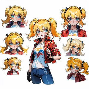 1 girl, blonde hair, two pigtails, blue eyes,red leather jacket, white t-shirt, jeans, black boots, solo, (medium_shot:1.4),(masterpiece:1.4(bestquality:1.4),(extremely_beautiful_detailed_anime_face_and_eyes:1.4),an extremely delicate and beautiful,Watercolor, Ink, epic,multiple views, full body, upper body, reference sheet:1,CharacterSheet, white background, different expresions,expression sheet