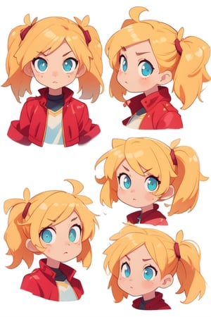 1 girl, blonde hair, (two long pigtails:1.4), blue eyes,red leather jacket, white t-shirt,solo,(masterpiece:1.4(bestquality:1.4),(extremely_beautiful_detailed_anime_face_and_eyes:1.4),an extremely delicate and beautiful,Watercolor, Ink, epic,multiple views, upper body, reference sheet:1,CharacterSheet, white background, different expresions,multiple girls,character sheet, character design, reference sheet, multiple views, turnaround,Chibi