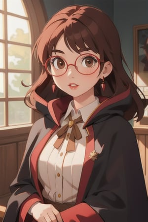 1girl, long brown hair, brown eyes, big round glasses, Griffindor House Cloak, inner cloak red, outer cloack black:1.4,looking at viewer, solo, upper body,(masterpiece:1.4),(best quality:1.4),red lips,parted lips,anime,hogwarts castle:1.4,indoor,sunlight,