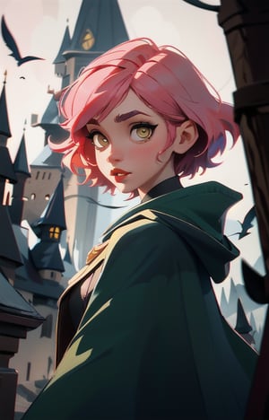 1girl, short pink hair,(hufflepuff House Cloak),( inner cloak yellow:1), (outer cloack black:1),yellow eyes, looking at viewer, solo, upper body,(masterpiece:1.4),(best quality:1.4),red lips,parted lips, exterior forest and mountains, castle,hogwarts castle:1,dramatic shadows,extremely_beautiful_detailed_anime_face_and_eyes,an extremely delicate and beautiful,dynamic angle, cinematic camera, dynamic pose,depth of field,chromatic aberration,anime