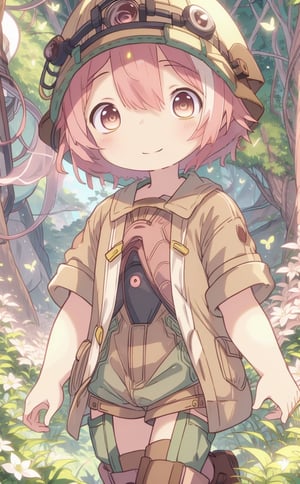 ultra-detailed, illustration, cinematic composition, abyss style, grass, white flower, moss,MadeintheAbyss, 1girl, (short pink hair:1.4), brown coat, short sleeves, brown overcoat, (brown shorts:1.4),(explorer helmet:1),(explorer boots:1.4),(yellow eyes:1.4), looking at viewer, solo, (upper body:1.4),(masterpiece:1.4),(best quality:1.4),red lips,parted lips,smile, walking in the deep forest,firefliesfireflies,portrait,illustration,best quality,BrgEy