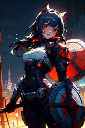 (masterpiece:1.4),(best quality:1.4),1 tanuki_demon, (cyberpunk:1),(evil expression:1),(tokyo tower background at night:1),blue_energy_shield:1,energy_shield in arm,