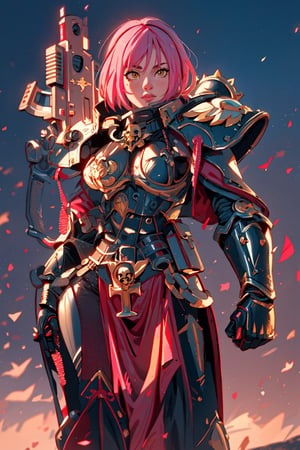((Masterpiece, best quality,)), (combat pose:1),1girl,edgAdepta, looking at viewer, lips, (short hair), (pink hair),(yellow eyes),wind background ,wearing edgAdepta,power armor,shoulder armor,skull emblem,EDGADEPTA, Dynamic Beautiful Pose, Natural Light, ((Real) ) Quality: 1.2 )), Dynamic Long Distance Shot, Cinematic Lighting, Perfect Composition, Super Detail, Official Art, Masterpiece, (Best Quality: 1.3), Reflection, High Resolution CG Unity 8K Wallpaper, Detailed Background, Masterpiece, (Photorealistic): 1.2), Random Angle, Side Angle anime,1 girl,style,40kanime,Eda Clawthorne,shoulder ,background