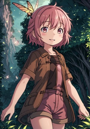 ultra-detailed, illustration, cinematic composition, abyss style, grass,1girl, (short pink hair:1.4), brown coat, short sleeves, brown overcoat, (brown shorts:1.4),yellow eyes, looking at viewer, solo, upper body,(masterpiece:1.4),(best quality:1.4),red lips,parted lips,smile, walking in the deep forest,nodf_lora,firefliesfireflies