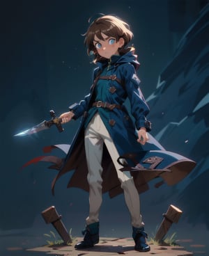 (masterpiece:1.4),(best quality:1.4),extremely_beautiful_detailed_anime_face_and_eyes,an extremely delicate and beautiful,1 boy:1.4, (short brown hair:1.4), (rogue:1.4),(full body:1.4),( dark blue coat:1.4),hood covering head:1,dagger:1, dynamic pose:1,hiding pose:1,