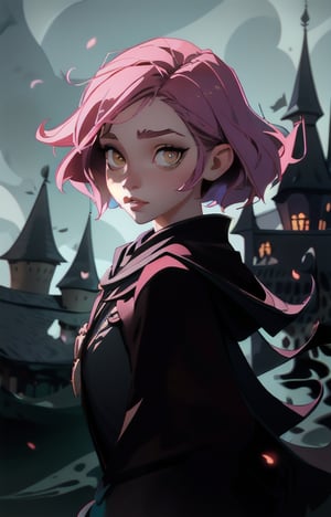 1girl, short pink hair,(hufflepuff House Cloak),( inner cloak yellow:1), (outer cloack black:1),yellow eyes, looking at viewer, solo, upper body,(masterpiece:1.4),(best quality:1.4),red lips,parted lips, exterior forest and mountains, castle,hogwarts castle:1,dramatic shadows,extremely_beautiful_detailed_anime_face_and_eyes,an extremely delicate and beautiful,dynamic angle, cinematic camera, dynamic pose,depth of field,chromatic aberration,anime