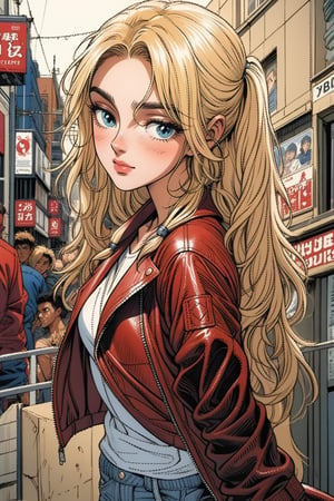 ((1 female))l, full body, blonde hair, ( two long pigtails:1.4), blue eyes, white t-shirt, jeans, black boots,(red leather jacket:1.4),beautiful girl with attention to detail, beautiful delicate eyes, detailed face, beautiful eyes,Beautiful Pose, Natural Light, ((Real) ) Quality: 1.2 )), Cinematic Lighting, Perfect Composition, Super Detail, Official Art, Masterpiece, (Best Quality: 1.3), Reflection, High Resolution CG Unity 8K Wallpaper, Detailed Background, Masterpiece, (Photorealistic): 1.2), Random Angle, Side Angle, ,anime,Retro,ink