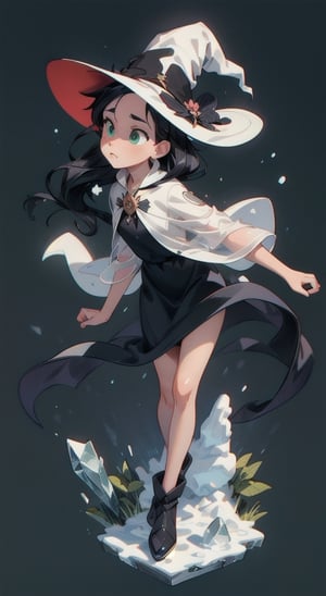 (masterpiece:1.4),(best quality:1.4),extremely_beautiful_detailed_anime_face_and_eyes,an extremely delicate and beautiful,1 girl, (long black hair:1.4), (witch:1.4), simple_background,green background,(full body:1.4), ice-flurry, snow, magic:1.4, dynamic pose:1.4, casting spell:1.4,ice_spell:1.4,
