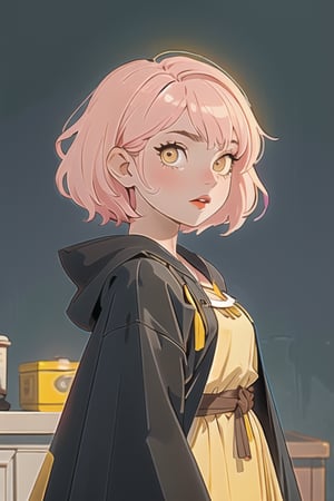1girl, short pink hair,hufflepuff House Cloak, inner cloak yellow, outer cloack black,yellow eyes, looking at viewer, solo, upper body,(masterpiece:1.4),(best quality:1.4),red lips,parted lips, hogwarts castle,dramatic shadows,extremely_beautiful_detailed_anime_face_and_eyes,an extremely delicate and beautiful,dynamic angle, cinematic camera, dynamic pose,depth of field,chromatic aberration,