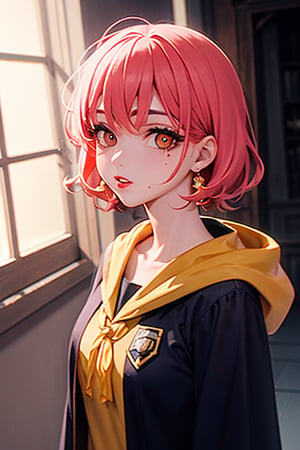 1girl, short pink hair,(mole next to lip:1),(eyebrow scar:1),(hufflepuff House Cloak),( inner cloak yellow:1), (outer cloack black:1),yellow eyes, looking at viewer, solo, upper body,(masterpiece:1.4),(best quality:1.4),red lips,parted lips, hogwarts castle:1,dramatic shadows,extremely_beautiful_detailed_anime_face_and_eyes,an extremely delicate and beautiful,dynamic angle, cinematic camera, dynamic pose,depth of field,chromatic aberration,backlighting,