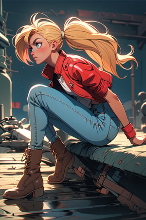 ((1 female))l, full body, blonde hair, two pigtails, blue eyes, white t-shirt, jeans, black boots,(red leather jacket:1),beautiful girl with attention to detail, beautiful delicate eyes, detailed face, beautiful eyes,Beautiful Pose, Natural Light, ((Real) ) Quality: 1.2 )), Cinematic Lighting, Perfect Composition, Super Detail, Official Art, Masterpiece, (Best Quality: 1.3), Reflection, High Resolution CG Unity 8K Wallpaper, Detailed Background, Masterpiece, (Photorealistic): 1.2), Random Angle, Side Angle, ,anime,Retro,ink