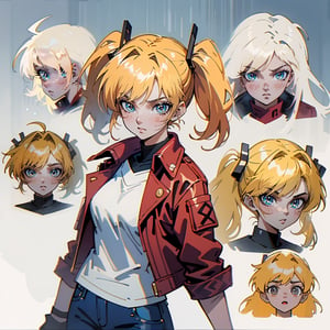 1 girl, blonde hair, two pigtails, blue eyes,red leather jacket, white t-shirt, jeans, black boots, solo, (medium_shot:1.4),(masterpiece:1.4(bestquality:1.4),(extremely_beautiful_detailed_anime_face_and_eyes:1.4),an extremely delicate and beautiful,Watercolor, Ink, epic,multiple views, full body, upper body, reference sheet:1,CharacterSheet, white background, different expresions,