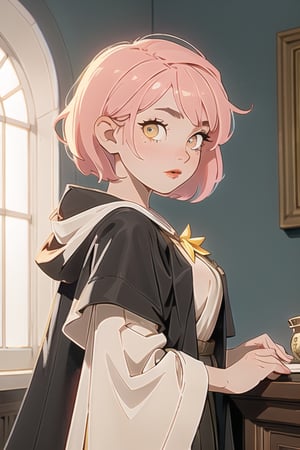 1girl, short pink hair,(mole next to lip:1),(eyebrow scar:1),(hufflepuff House Cloak),( inner cloak yellow:1), (outer cloack black:1),yellow eyes, looking at viewer, solo, upper body,(masterpiece:1.4),(best quality:1.4),red lips,parted lips, hogwarts castle:1,dramatic shadows,extremely_beautiful_detailed_anime_face_and_eyes,an extremely delicate and beautiful,dynamic angle, cinematic camera, dynamic pose,depth of field,chromatic aberration,backlighting,