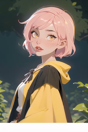 1girl, short pink hair,mole next to lip,eyebrow scar,hufflepuff House Cloak, inner cloak yellow, outer cloack black,yellow eyes, looking at viewer, solo, upper body,(masterpiece:1.4),(best quality:1.4),red lips,parted lips, hogwarts castle:1,dramatic shadows,extremely_beautiful_detailed_anime_face_and_eyes,an extremely delicate and beautiful,dynamic angle, cinematic camera, dynamic pose,depth of field,chromatic aberration,backlighting,