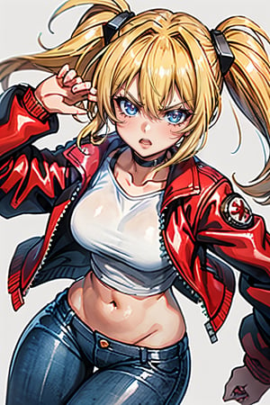 1 girl, blonde hair, two pigtails, blue eyes,red leather jacket, white t-shirt, jeans, black boots, solo, upper body,(masterpiece:1.4(bestquality:1.4),,extremely_beautiful_detailed_anime_face_and_eyes,an extremely delicate and beautiful, pose,Watercolor, Ink, epic, angry, simple background, white_background, pose visual novel,