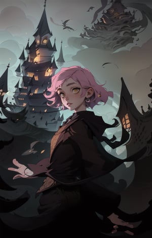 1girl, short pink hair,(hufflepuff House Cloak),( inner cloak yellow:1), (outer cloack black:1),yellow eyes, looking at viewer, solo, upper body,(masterpiece:1.4),(best quality:1.4),red lips,parted lips, exterior forest and mountains, castle,hogwarts castle:1,dramatic shadows,extremely_beautiful_detailed_anime_face_and_eyes,an extremely delicate and beautiful,dynamic angle, cinematic camera, dynamic pose,depth of field,chromatic aberration,anime