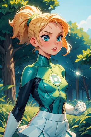 1girl, (short blondie hair:1),(high ponytail:1),blue eyes,uniform_green lantern_DCcomics:1,hal jordan, white bodysuit,((tight green skirt)), white gloves,slim waist, looking at viewer, solo, upper body,(masterpiece:1.4),(best quality:1.4),red lips,parted lips,dramatic shadows,extremely_beautiful_detailed_anime_face_and_eyes,an extremely delicate and beautiful,dynamic angle, cinematic camera, dynamic pose,depth of field,chromatic aberration,backlighting,Watercolor, Ink, epic, candystyle,chibi style,cute,happy,vibrant,colorful,nature,pop,