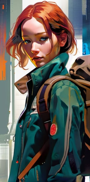 mdjrny-v4 style. Oil painting, heavy strokes, paint dripping. ((Jennifer Lawrence:1)), ((25 years old:1.4)).redhead, green eyes, ((brown leather jacket:1.4)),backpack on his back:1.4, ((armed with a knife:1.4)),((survivor, warrior, leader)), ((walking dead tv style:1.4)),Jeremy Mann, Carne Griffiths, Robert oxley. Rich deep colors. Cell Shaded layered image. Beautiful face, Perfect anatomy, perfect eyes, detailed eyes, golden ratio, award-winning, professional, highly detailed, centered, symmetry, painted, intricate, volumetric lighting, beautiful, masterpiece, sharp focus, depth of field, perfect composition, award-winning, high resolution 8K, trending in pixiv, artstation,  , acrylic painting, trending on pixiv fanbox, palette knife and brush strokes, style of makoto shinkai jamie wyeth james gilleard edward hopper greg rutkowski studio ghibli genshin impact,Flat Design