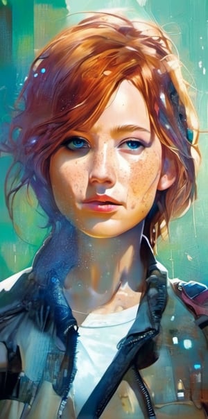 mdjrny-v4 style. Oil painting, heavy strokes, paint dripping. ((Jennifer Lawrence:1)), ((25 years old:1.4)).redhead, green eyes, ((brown leather jacket:1.4)),backpack on his back:1.4, ((armed with a knife:1.4)),((survivor, warrior, leader)), ((walking dead tv style:1.4)),Jeremy Mann, Carne Griffiths, Robert oxley. Rich deep colors. Cell Shaded layered image. Beautiful face, Perfect anatomy, perfect eyes, detailed eyes, golden ratio, award-winning, professional, highly detailed, centered, symmetry, painted, intricate, volumetric lighting, beautiful, masterpiece, sharp focus, depth of field, perfect composition, award-winning, high resolution 8K, trending in pixiv, artstation,  , acrylic painting, trending on pixiv fanbox, palette knife and brush strokes, style of makoto shinkai jamie wyeth james gilleard edward hopper greg rutkowski studio ghibli genshin impact