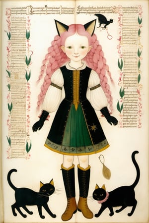 Voynich manuscript illustrating 1 girl, pink hair:1.2, yellow eyes:1.2, (pink cat ears:1.2), black leather boots, black leather gloves, smiling,braids,