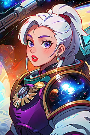 1girl, bangs, white hair, power armour, blue eyes, blurry, blurry background, braid, breasts, from side, armour, jewelry, long hair, looking at viewer, ponytail, purple eyes, solo, upper body,baiyi,[[realistic]],(shiny skin),(masterpiece:1.4),(best quality:1.4),red lips,parted lips,(space marine:1.4),40kanime